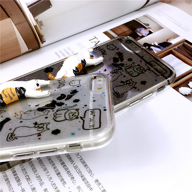 ねこiPhone8/7アイフォンケース8plus夏向け透明三毛猫背伸びするネコiPhone6plus/7plusクリア携帯カバー