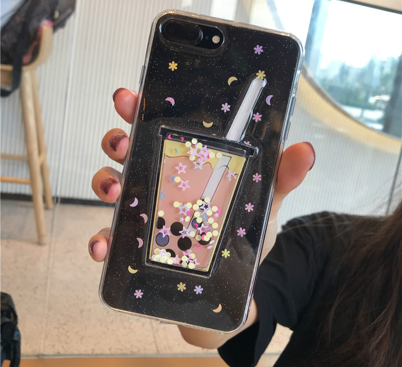 ラメ入り立体的iPhone11proタピオカ 人気アイフォン7/6sスマホケース透明キラキラ タピオカティー
