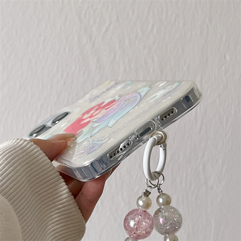 ストラップ付きケース透明クリア人魚姫・アリエル女性12真珠ハンドストラップ ソフトシリコンiPhone 14 Proカバー リトルマーメイド