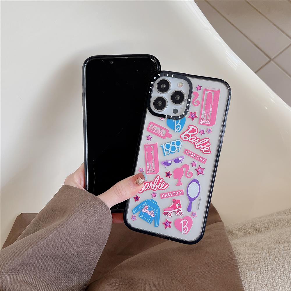 iPhone 14 Proスマホケース バービー コラボ可愛いピンク色ハートアイフォン14/13proクリアケース