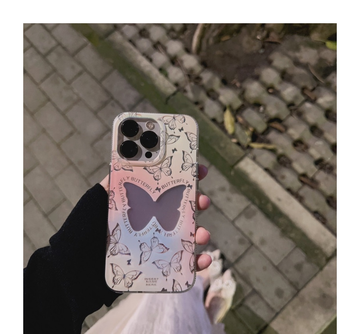 角度による色が変わるケース蝶ピンク グラデーション色iPhone 14 Pro Max/13
